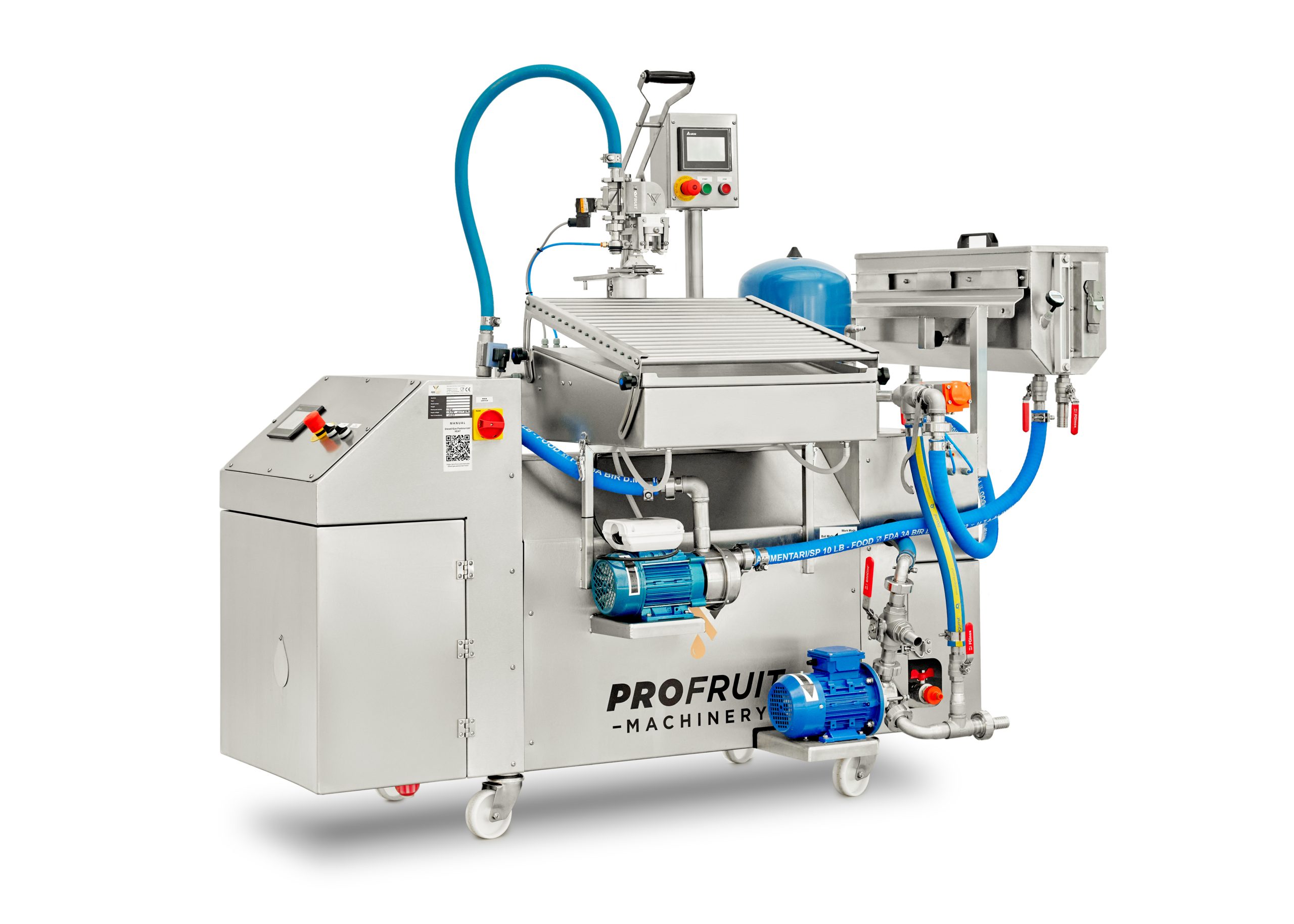 Diesel/Gas-Pasteurisator HEAT 1000 in Kombination mit MINIFLOW-Abfüllanlage und Puffertank – Vorderansicht | ProFruit Machinery