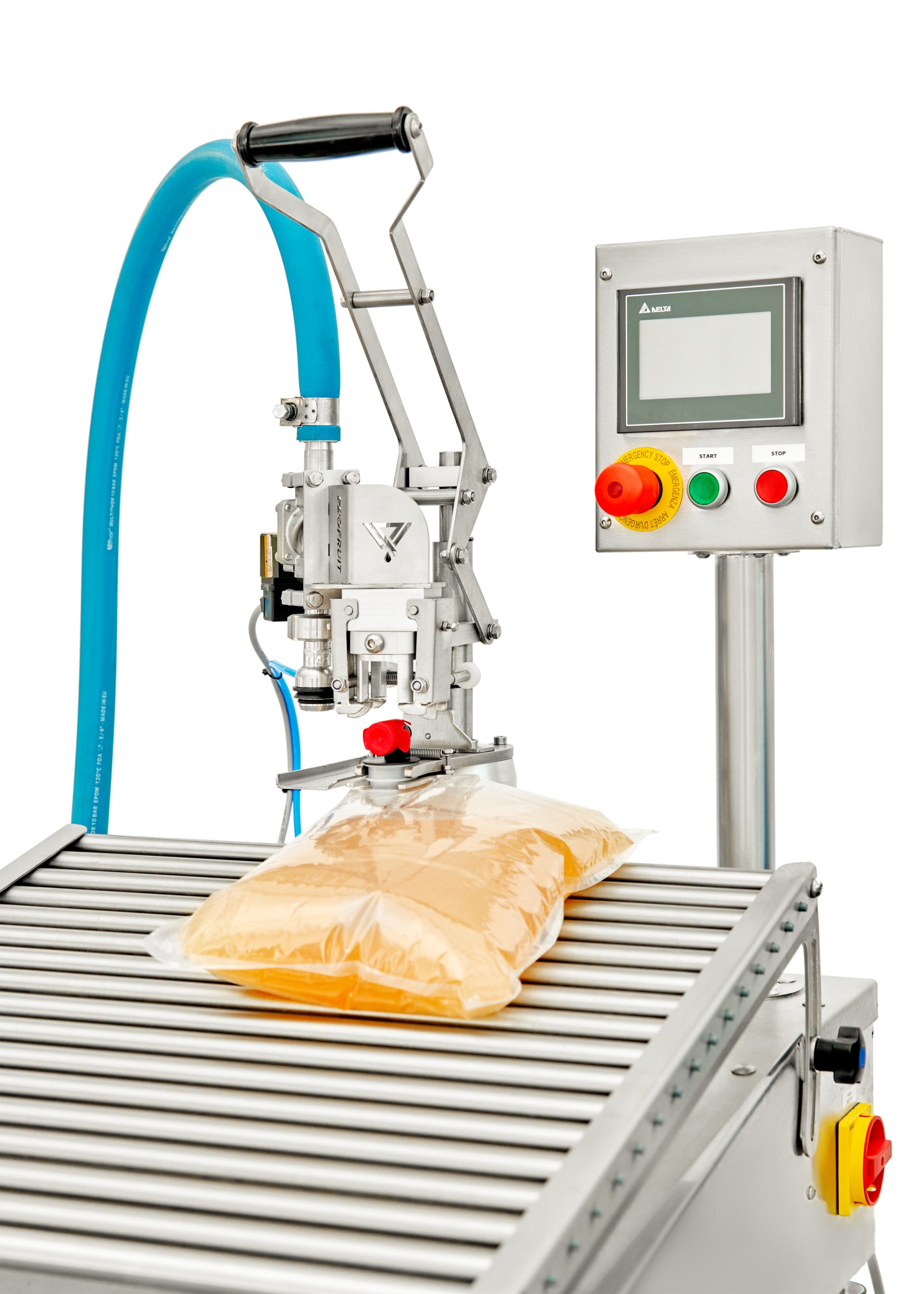 Diesel/Gas-Pasteurisator HEAT 1000 in Kombination mit MINIFLOW-Abfüllanlage und Puffertank mit Saft | ProFruit Machinery