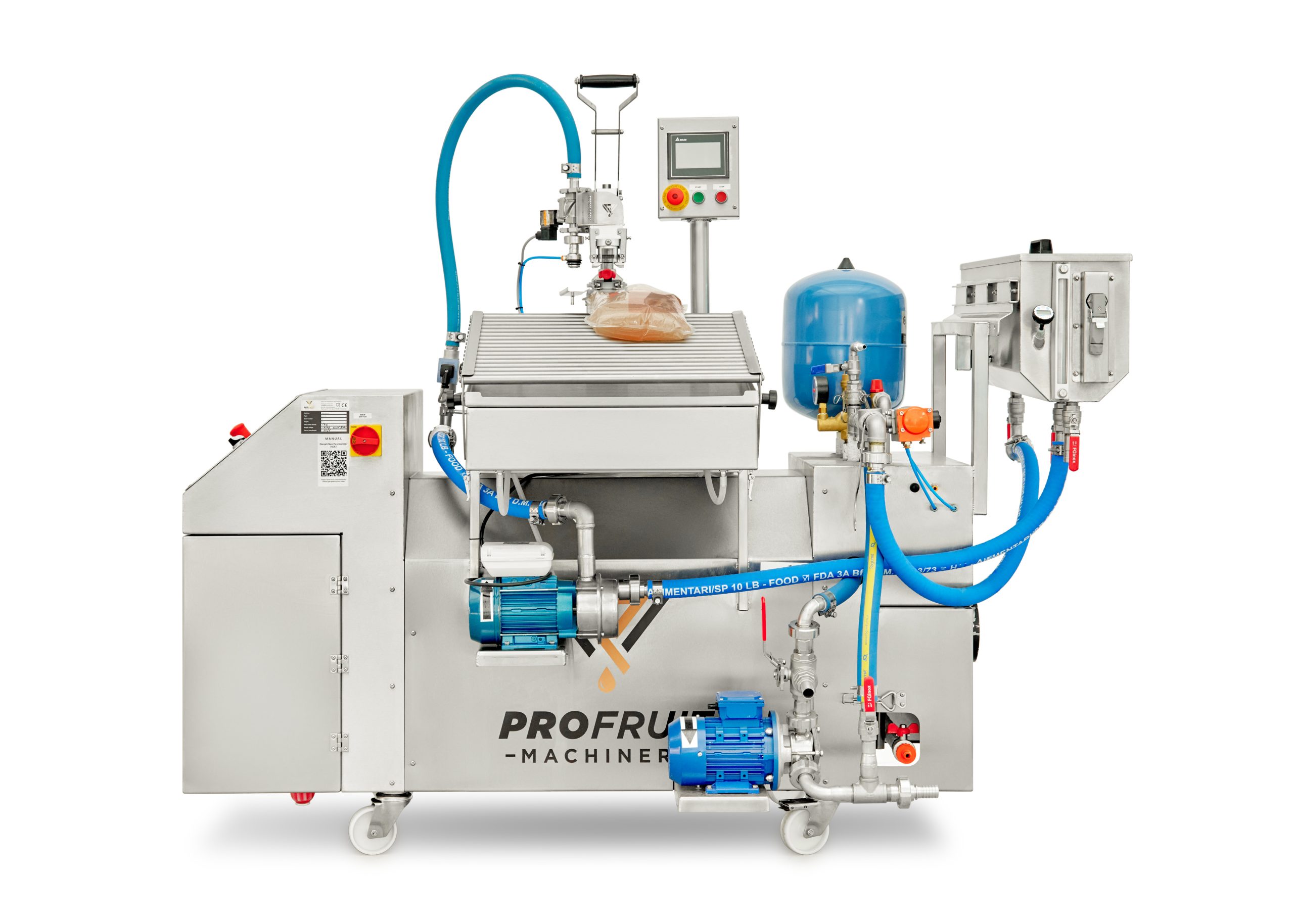 Diesel/Gas-Pasteurisator HEAT 1000 in Kombination mit MINIFLOW-Abfüllanlage und Puffertank – Vorderansicht | ProFruit Machinery