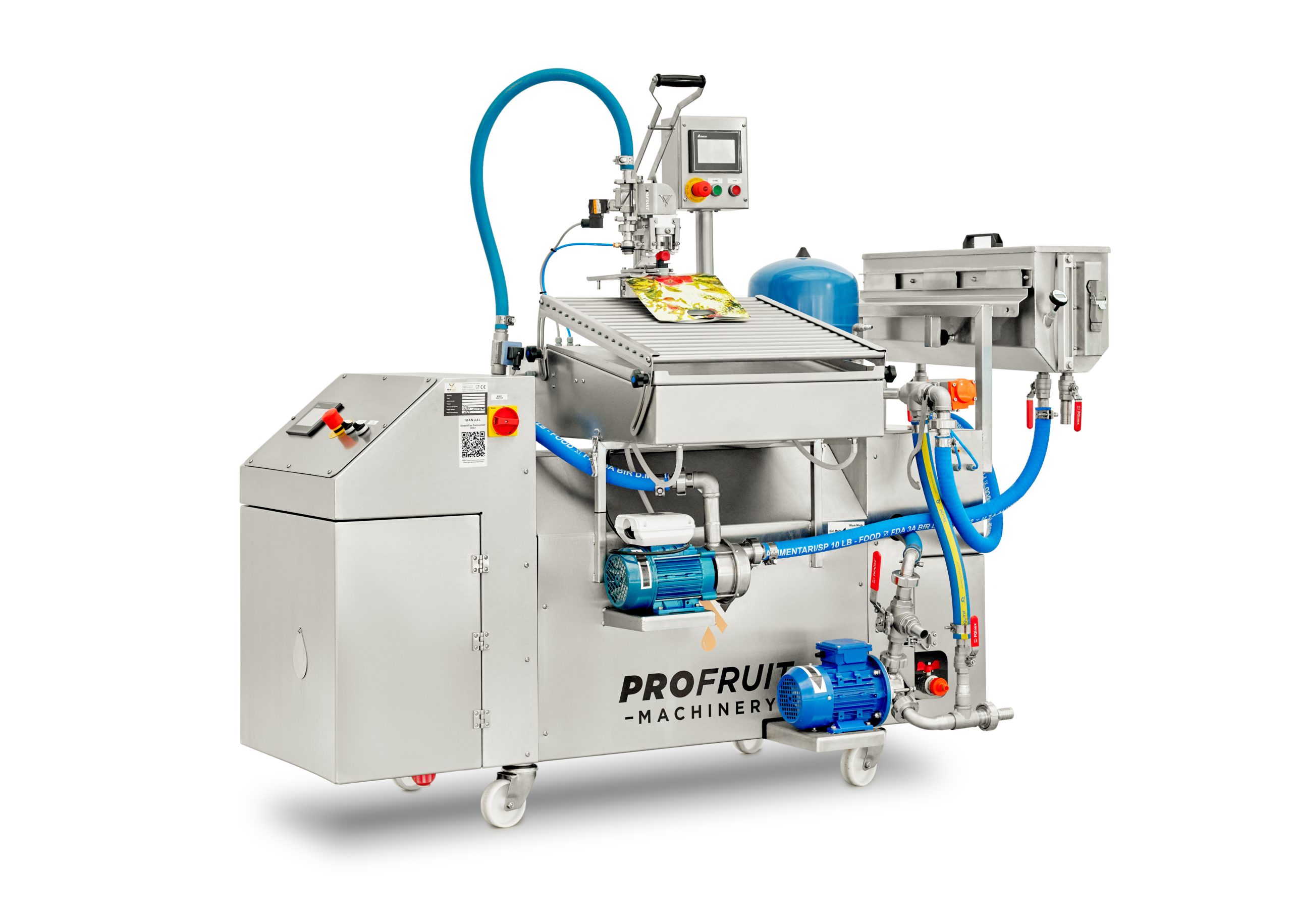 Diesel/Gas-Pasteurisator HEAT 1000 in Kombination mit MINIFLOW-Abfüllanlage und Puffertank – Vorderansicht | ProFruit Machinery